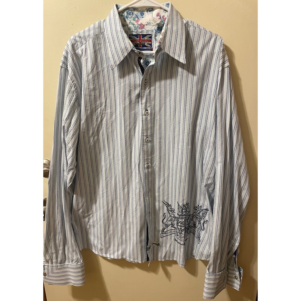 English Laundry Mens XL Blue White Striped Floral Crest Button Down Shirt LS